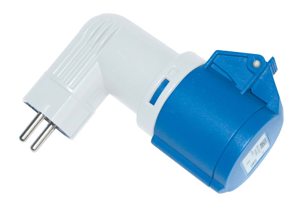 Picture of CEE adapter schuko randaarde > CEE 3p 16A 230V 6h blauw IP44 haaks PCE
