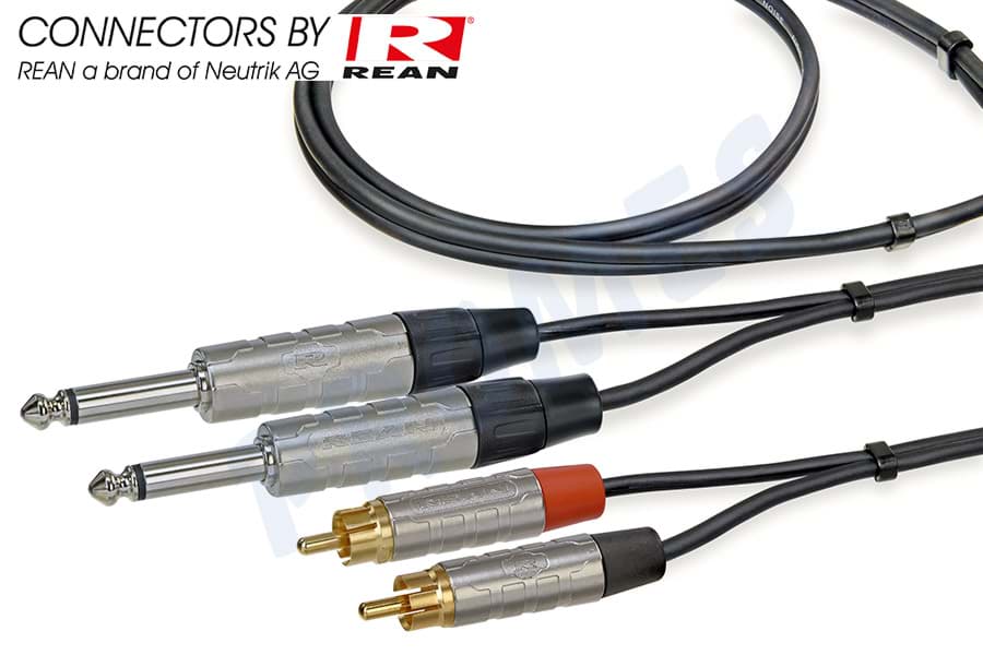 Picture of audiokabel zwart 2x Jack 6,3mm mono nikkel>2x RCA M verguld 1,5m REAN